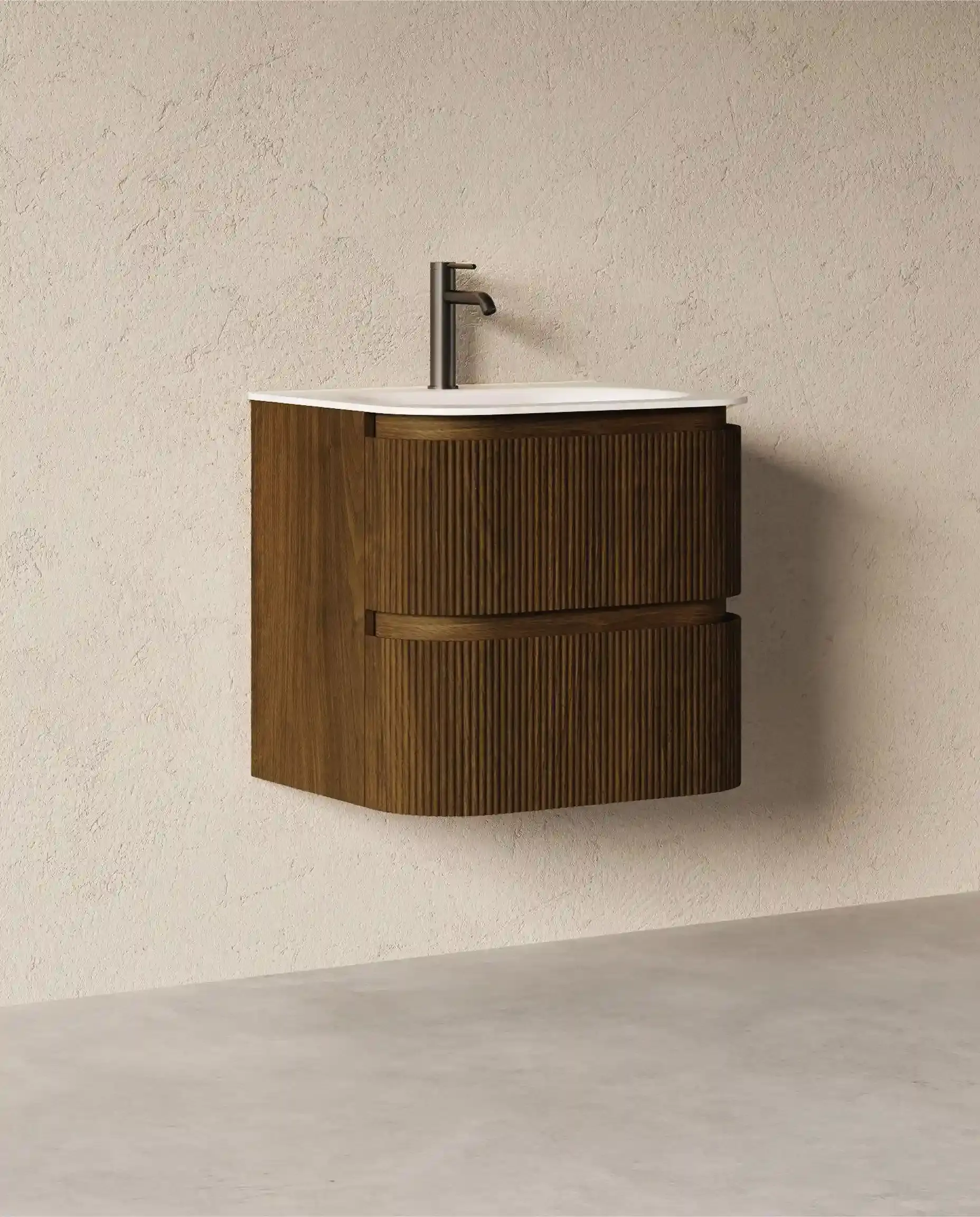 Meuble vasque 60x50cm, arrondi, résine minérale blanc mat, noyer, Alix 