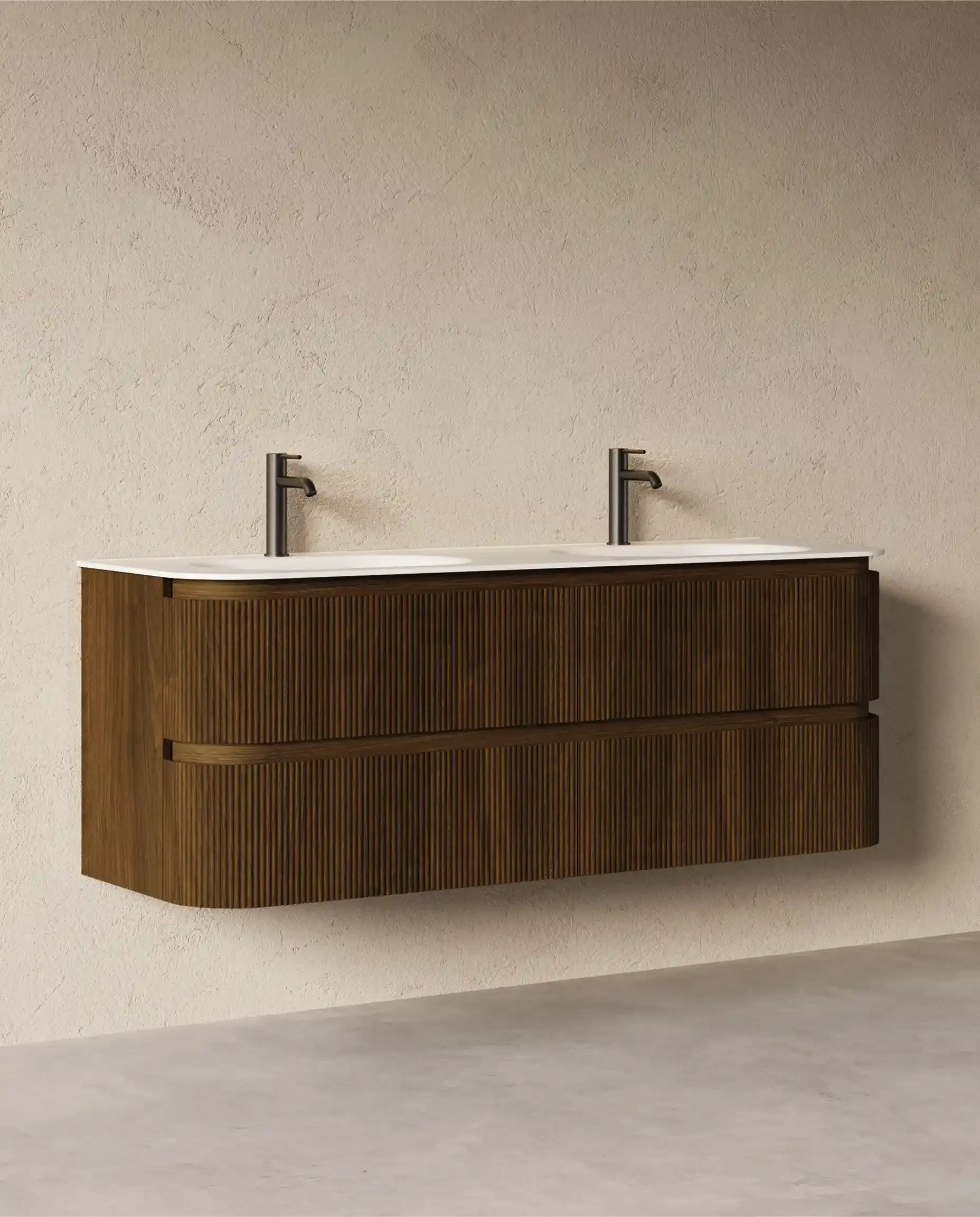 Meuble double vasque 150x50cm, arrondi, résine minérale blanc mat, noyer, Alix    