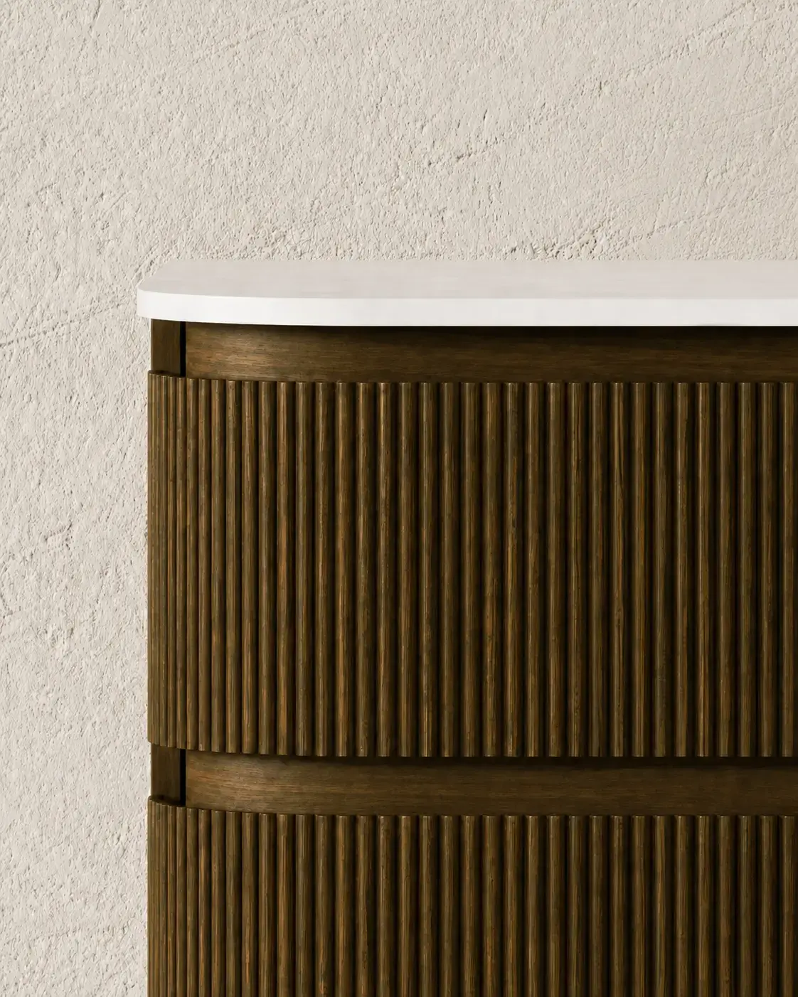 Meuble double vasque 150x50cm, arrondi, résine minérale blanc mat, noyer, Alix    