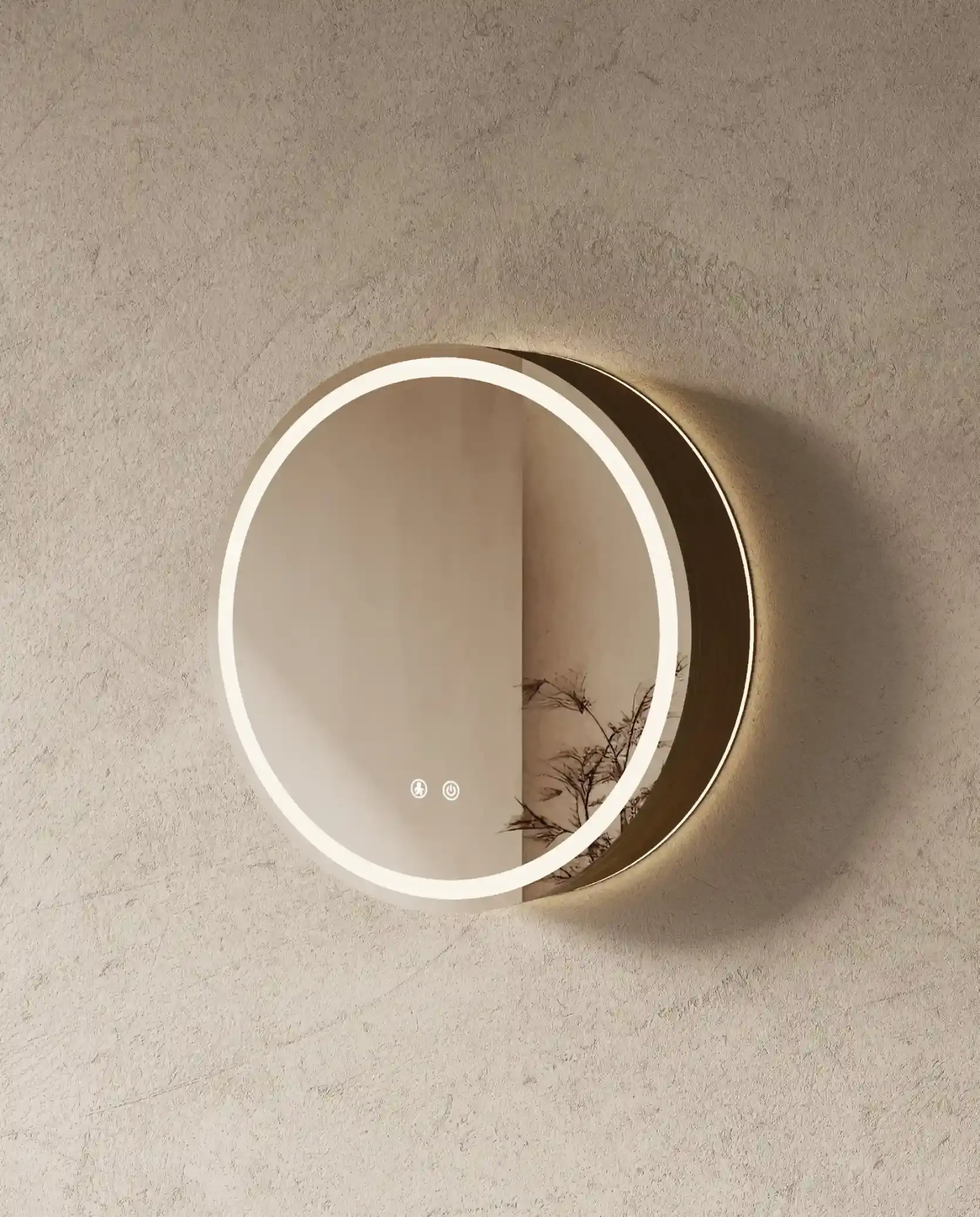 Armoire de toilette ronde design en bois de noyer Ronda diamètre 60 cm dotée d'un double éclairage LED.