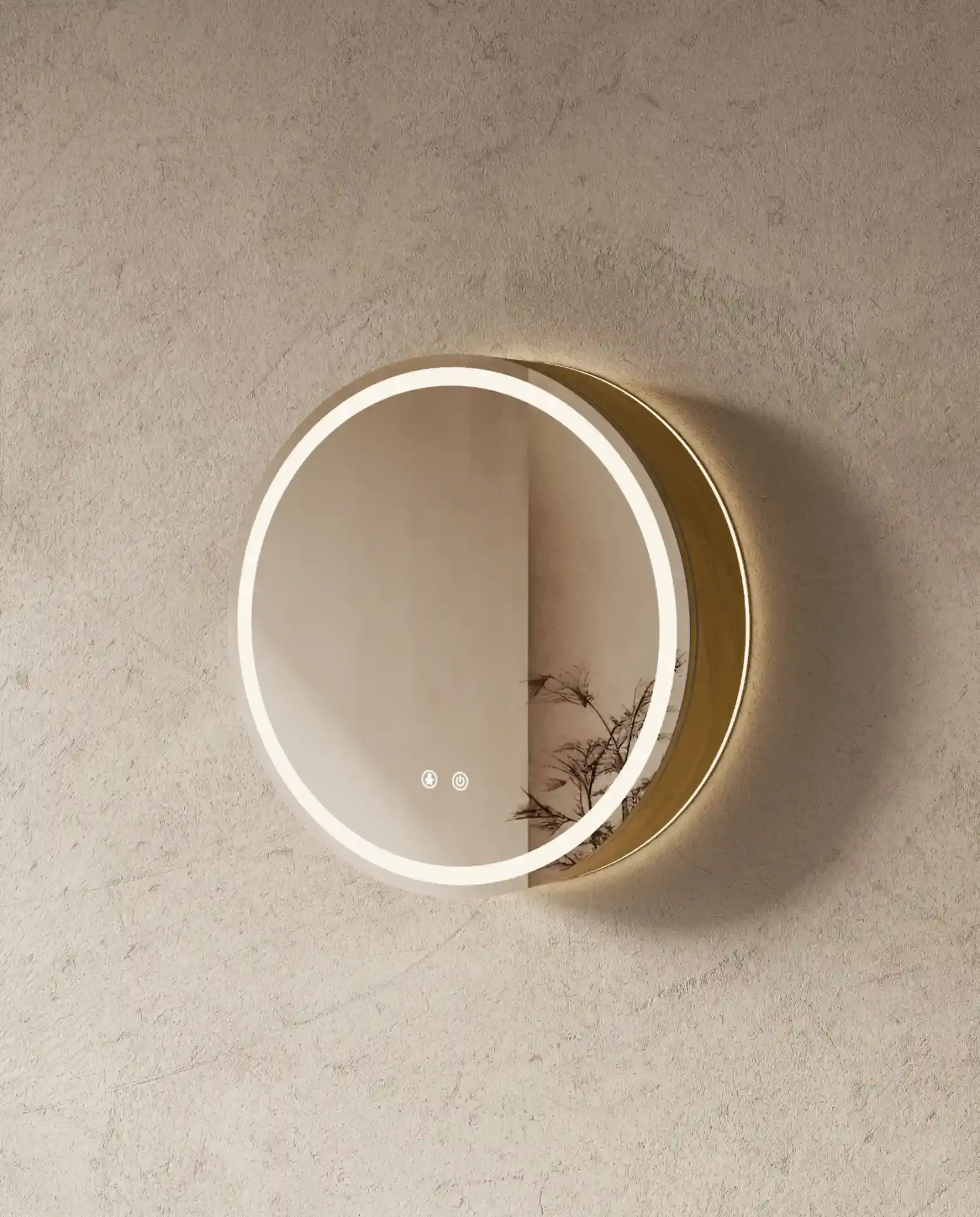 Armoire de toilette ronde en chêne Ronda de 60 cm avec porte miroir et rétroéclairage LED sur un mur beige.