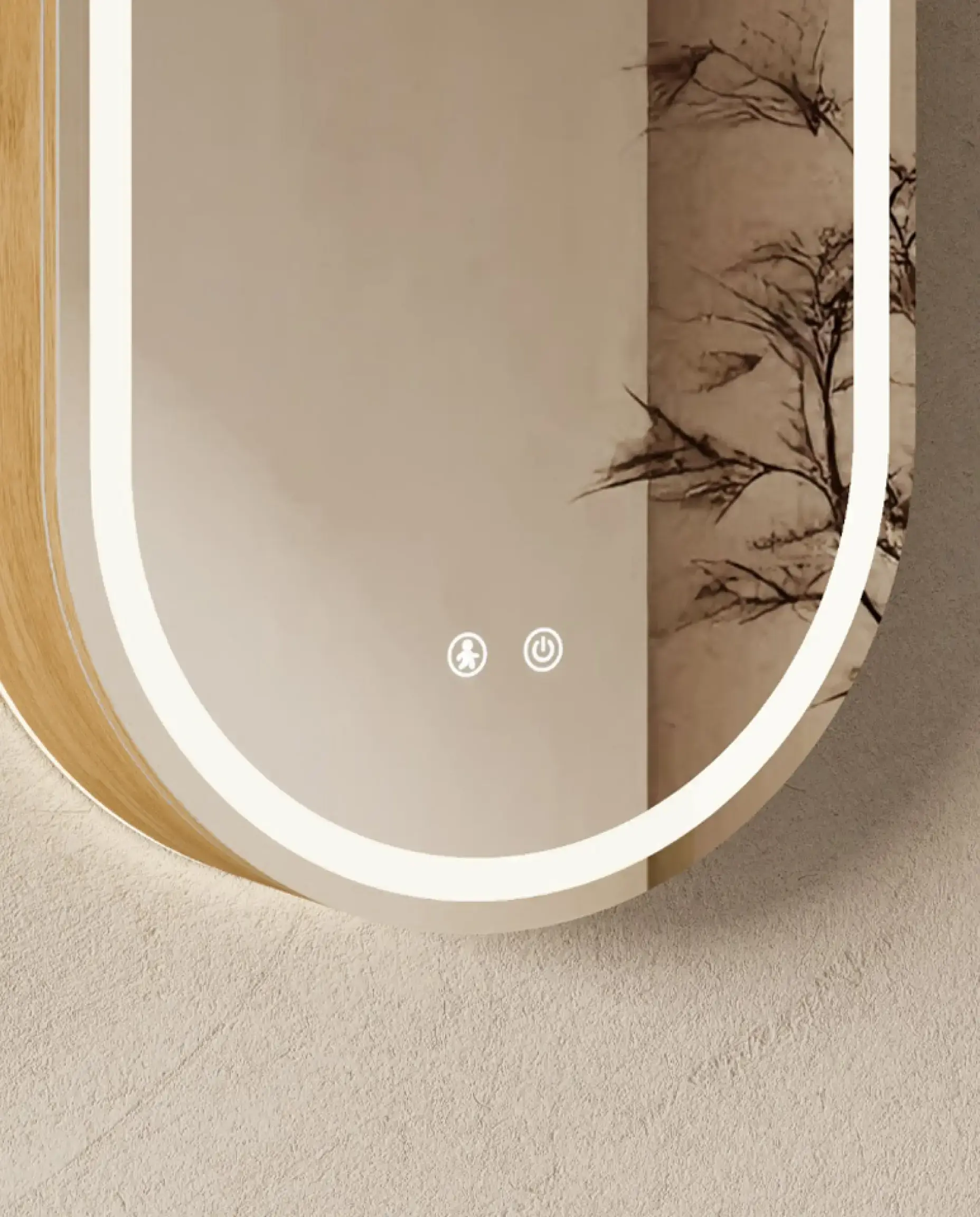 Armoire de toilette oblongue Siena en chêne naturel de 45x90 cm avec double éclairage LED frontal et arrière allumé.