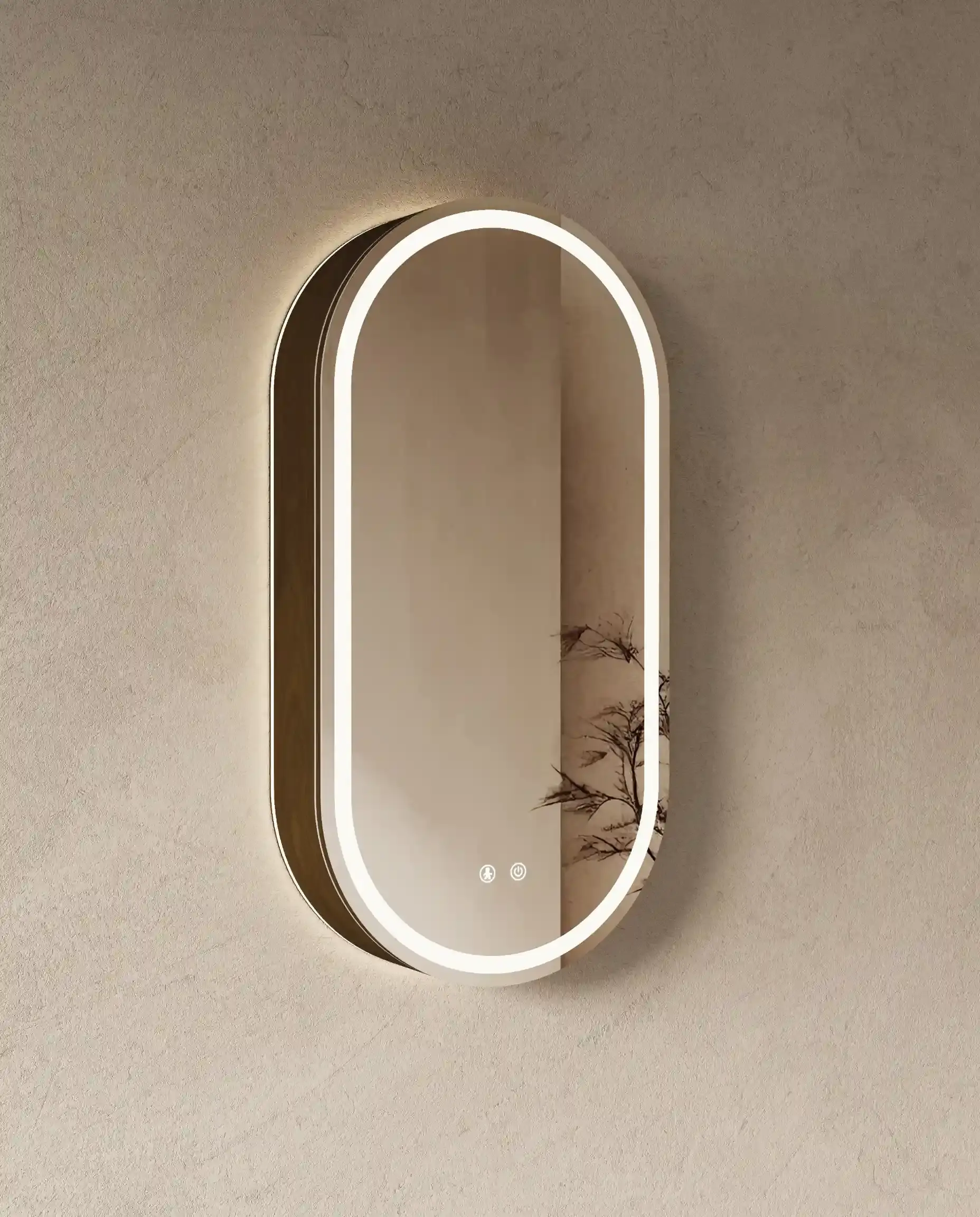 Armoire de toilette oblongue en forme de capsule Siena en noyer de 45x90 cm avec double éclairage LED et boutons tactiles.