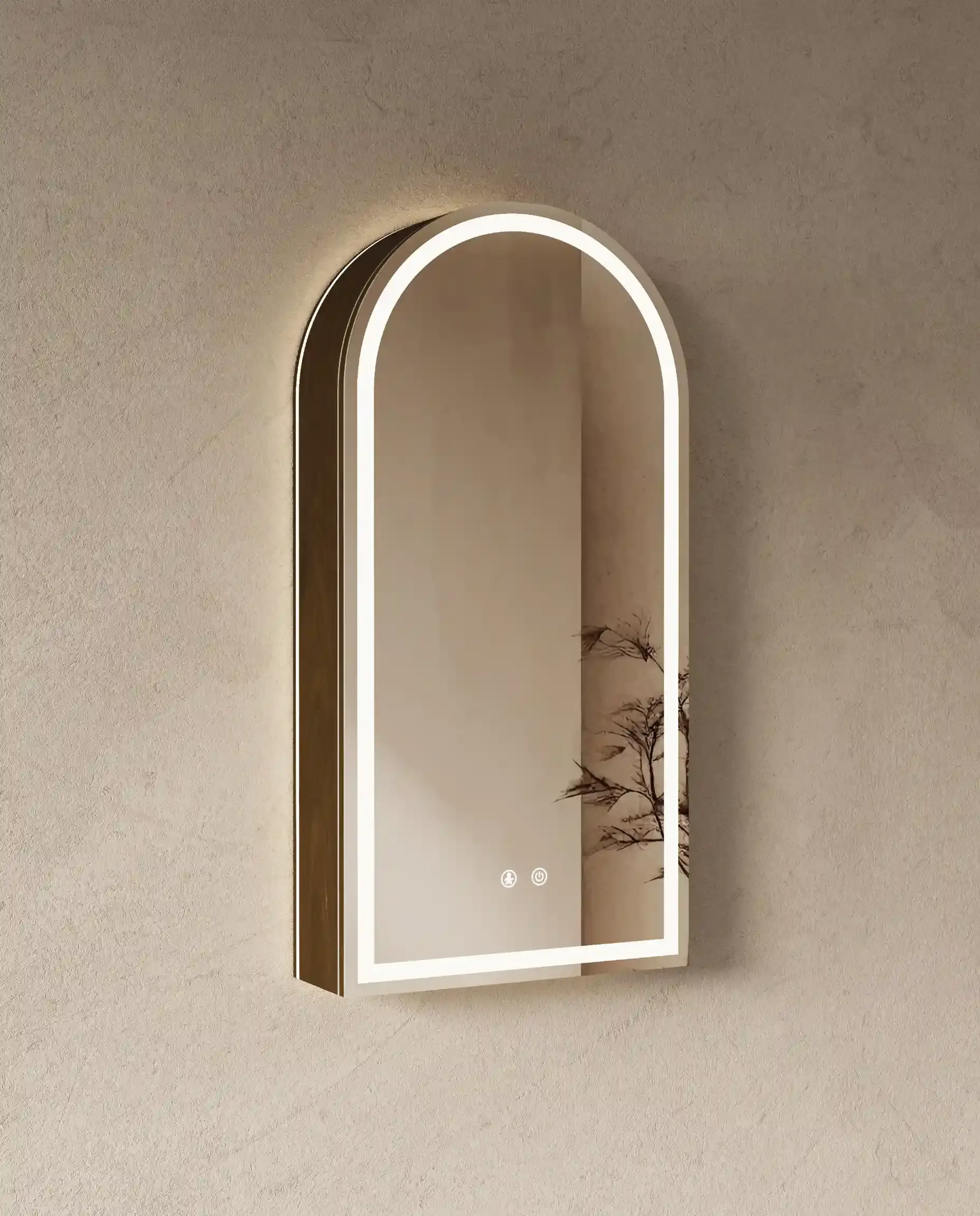 Armoire de toilette en forme d'arche demi-lune Luna en noyer de 45x90 cm avec double éclairage LED allumé automatiquement par capteur de mouvement.