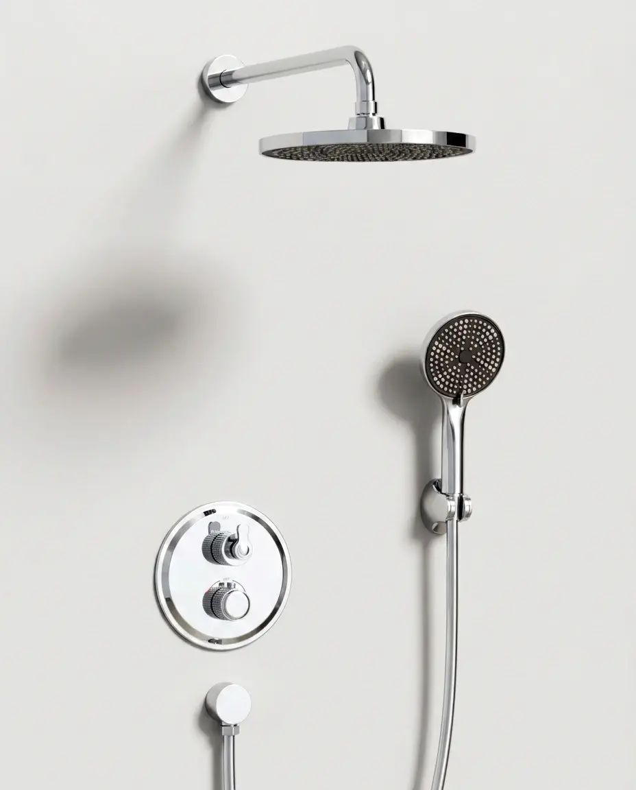 Composition de douche encastrée César chrome avec mitigeur cannelé, large pommeau de douche circulaire et douchette à main.
