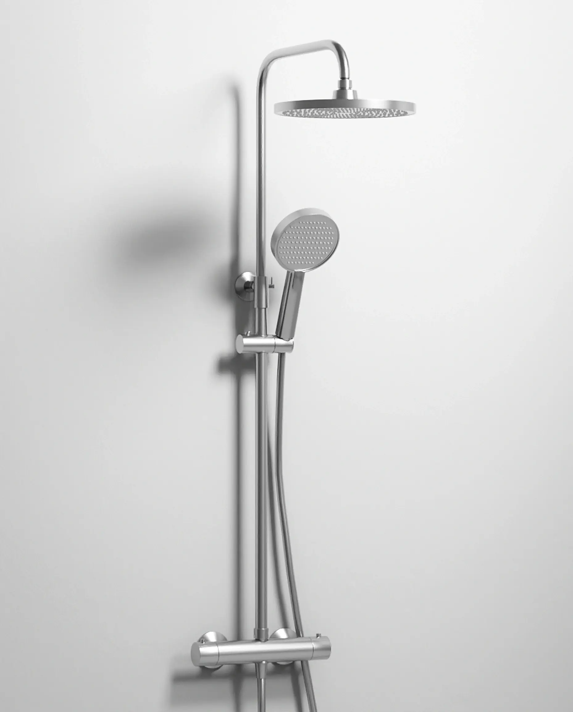 Colonne de douche thermostatique Madeleine en finition PVD silver white avec pommeau de douche rond et épuré.