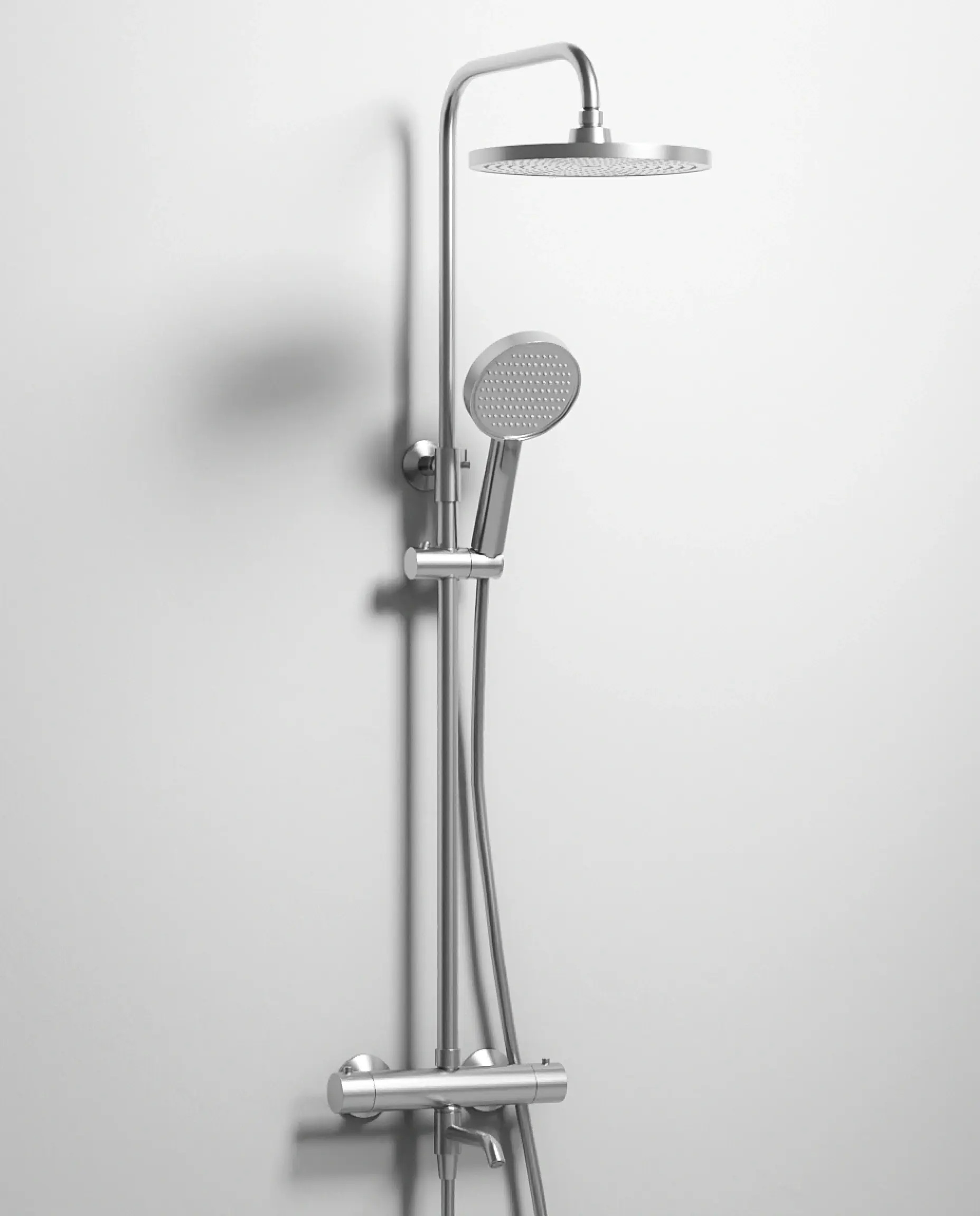 Colonne de bain-douche thermostatique Madeleine finition PVD silver white avec mitigeur de précision et douche de tête.