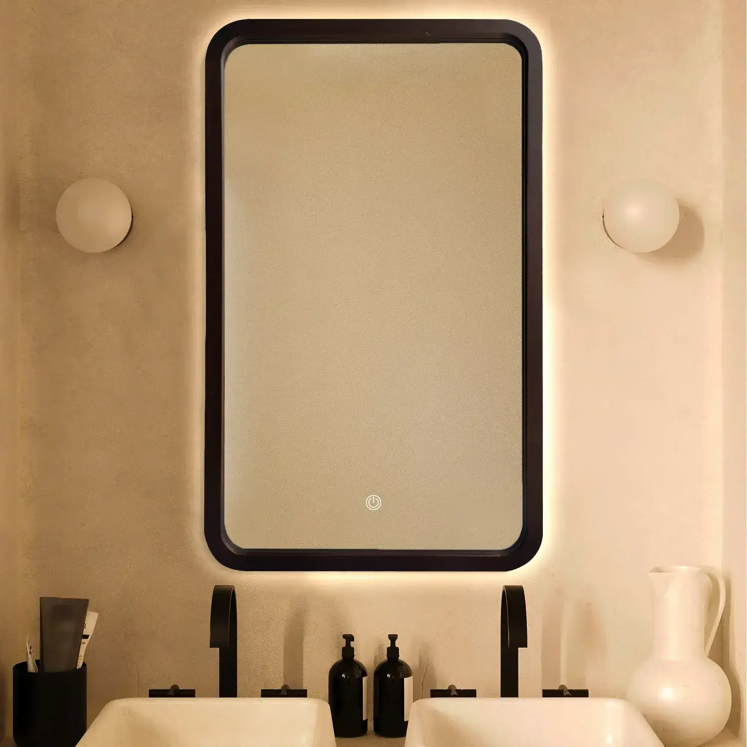 Miroir rectangulaire avec cadre en bois noyer avec bouton pour rétroéclairage