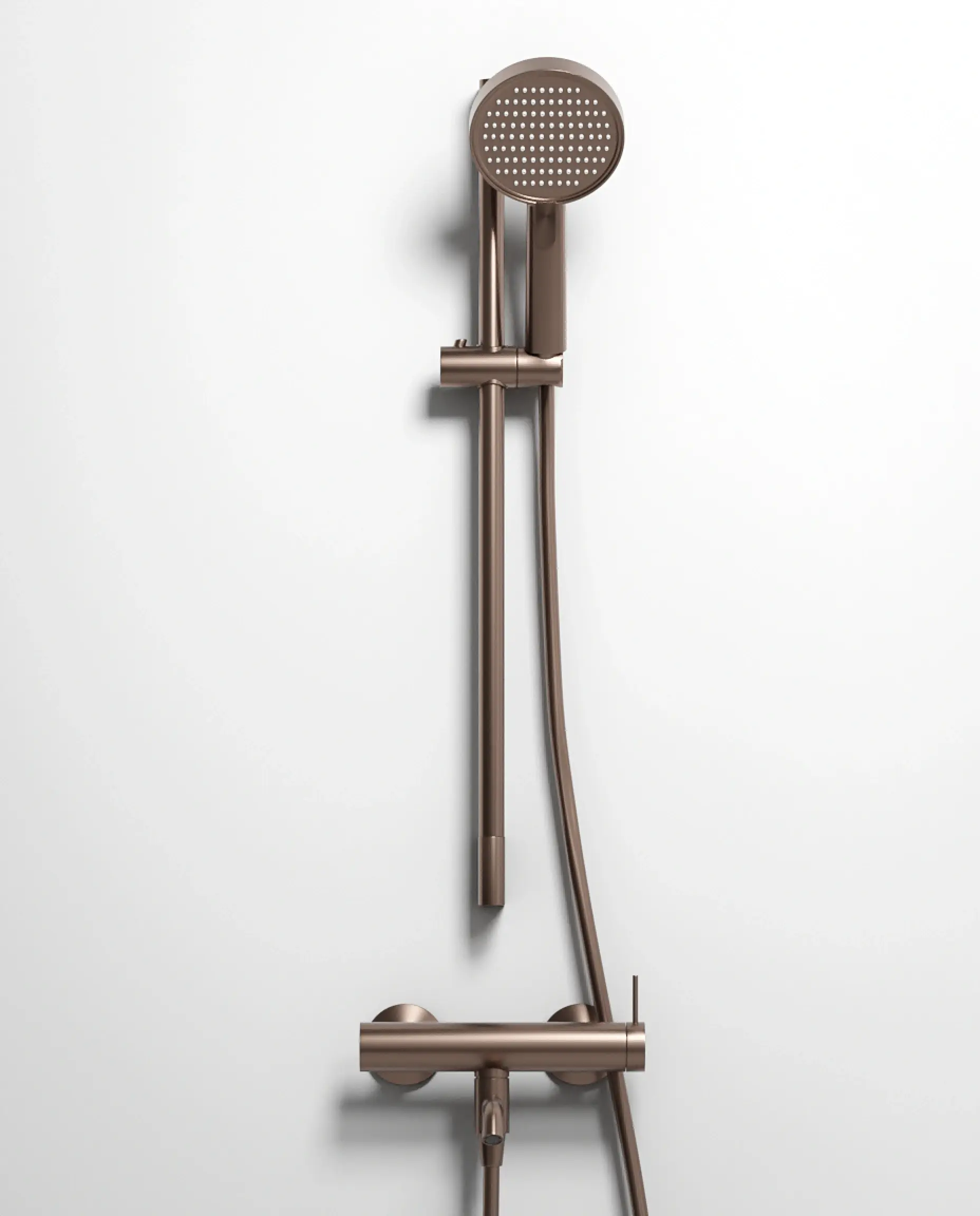mitigeur de bain-douche mécanique Madeleine en finition PVD café, vue d'ensemble avec flexible et robinet.
