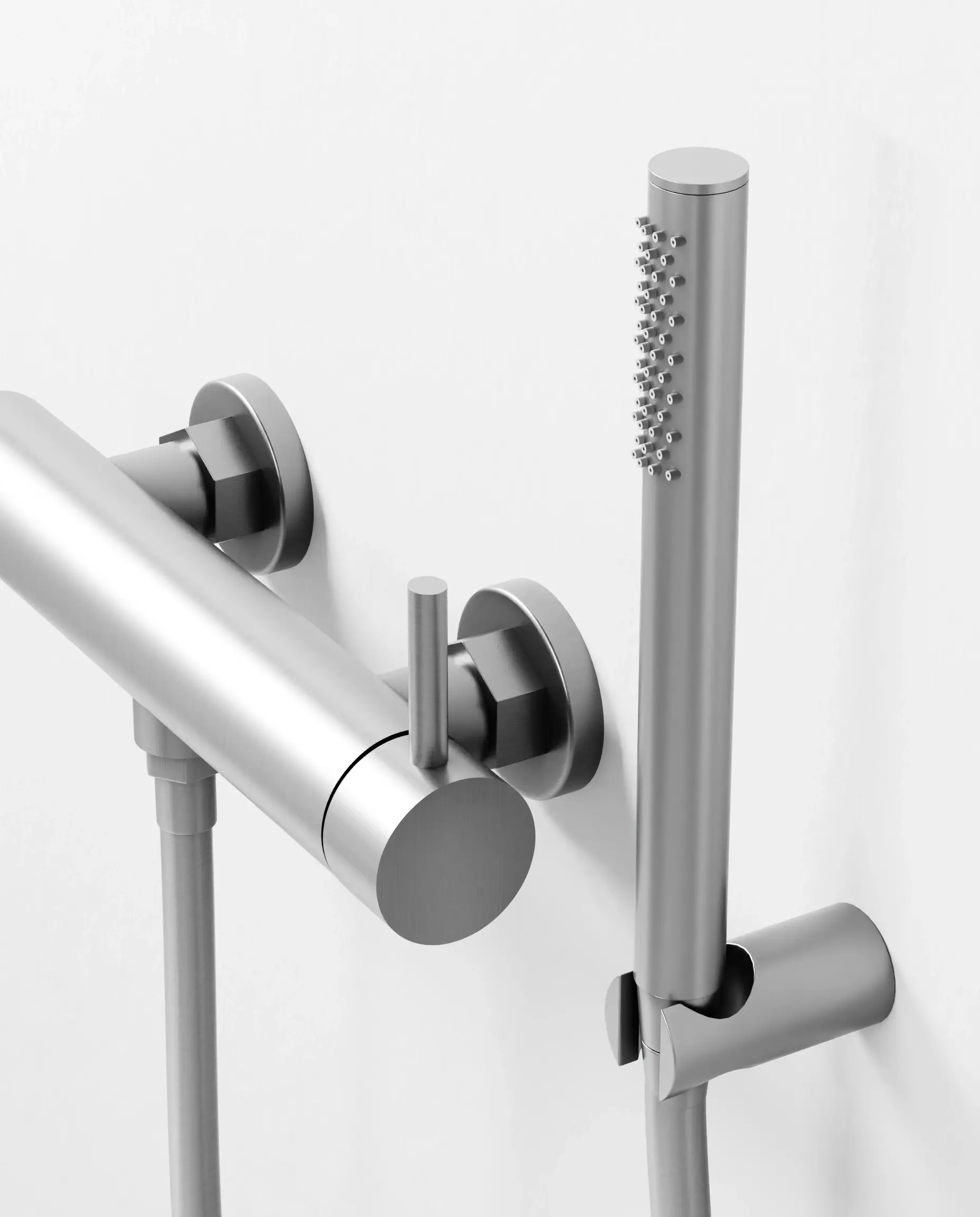 Mitigeur douche externe, crochet et douchette tube, inox brossé, Châtelet 