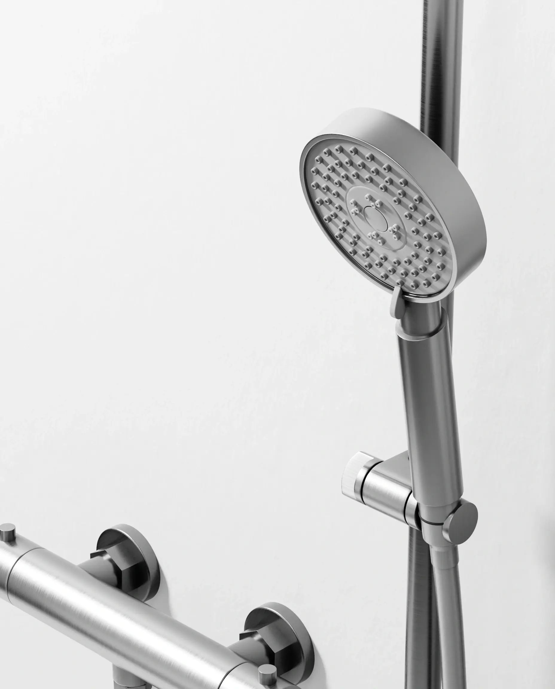 Mitigeur douche Thermostatique externe, barre et douchette ronde, Inox brossé, Chatelet