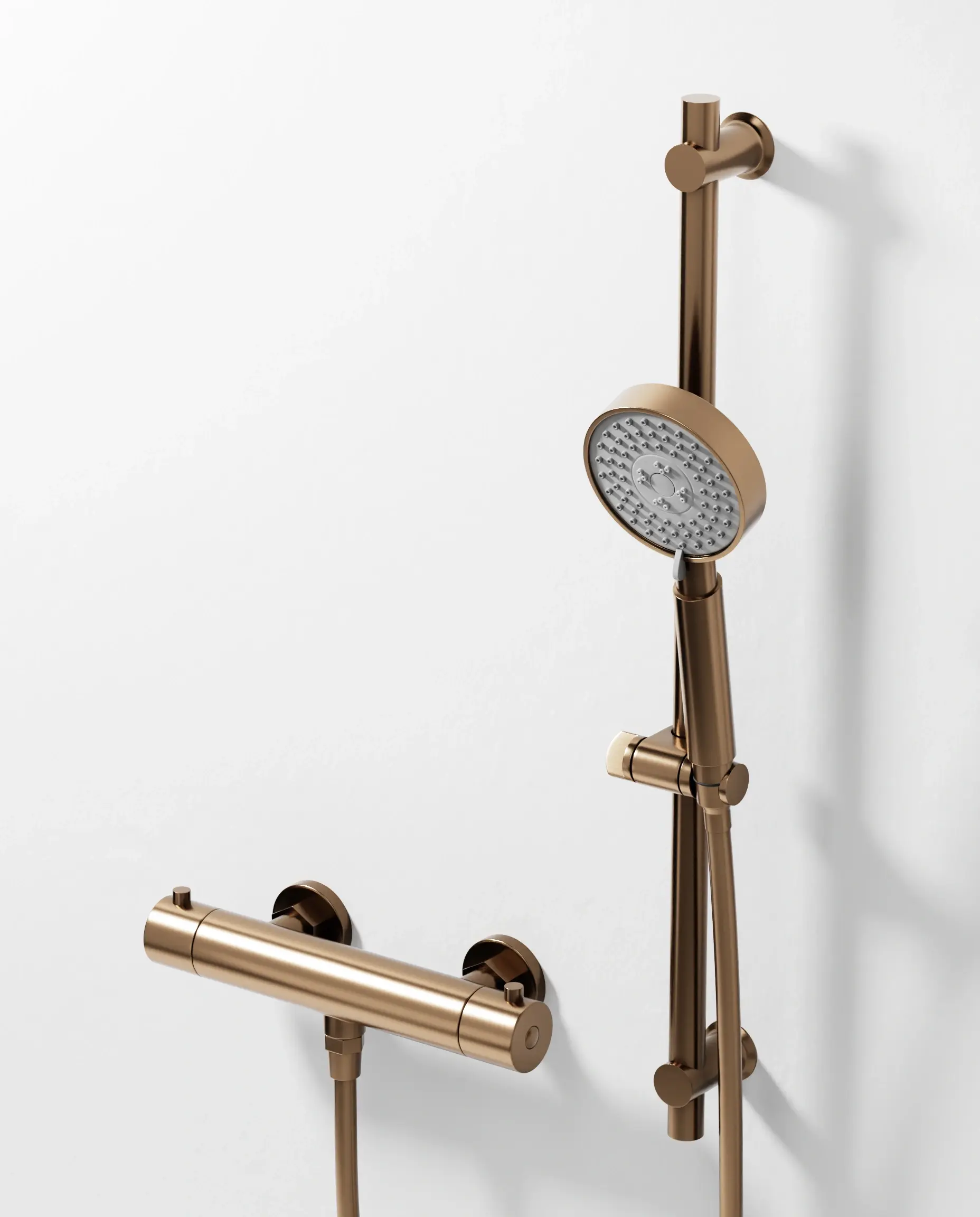 Mitigeur douche Thermostatique externe, barre et douchette ronde, Doré Rose brossé, Chatelet