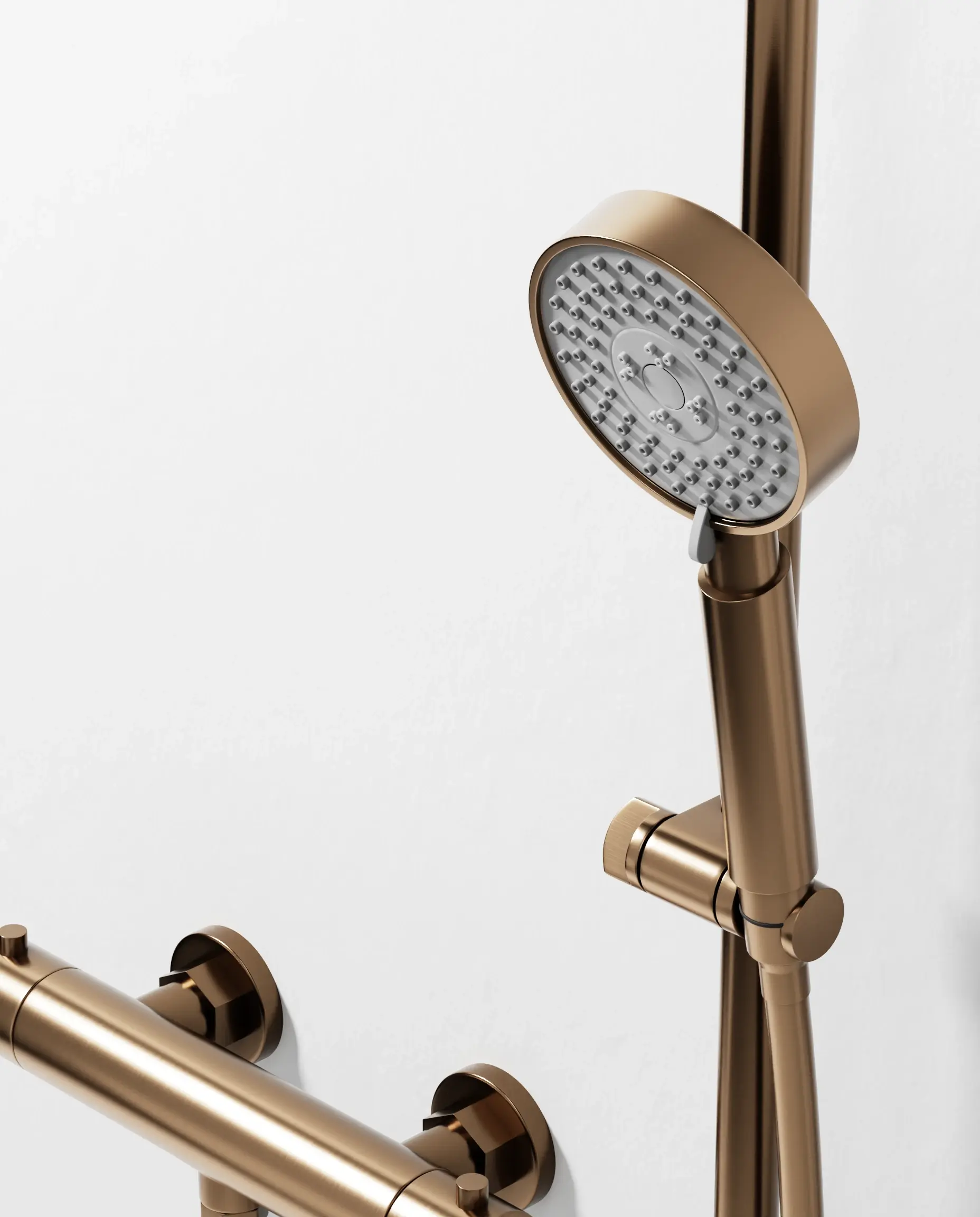 Mitigeur douche Thermostatique externe, barre et douchette ronde, Doré Rose brossé, Chatelet