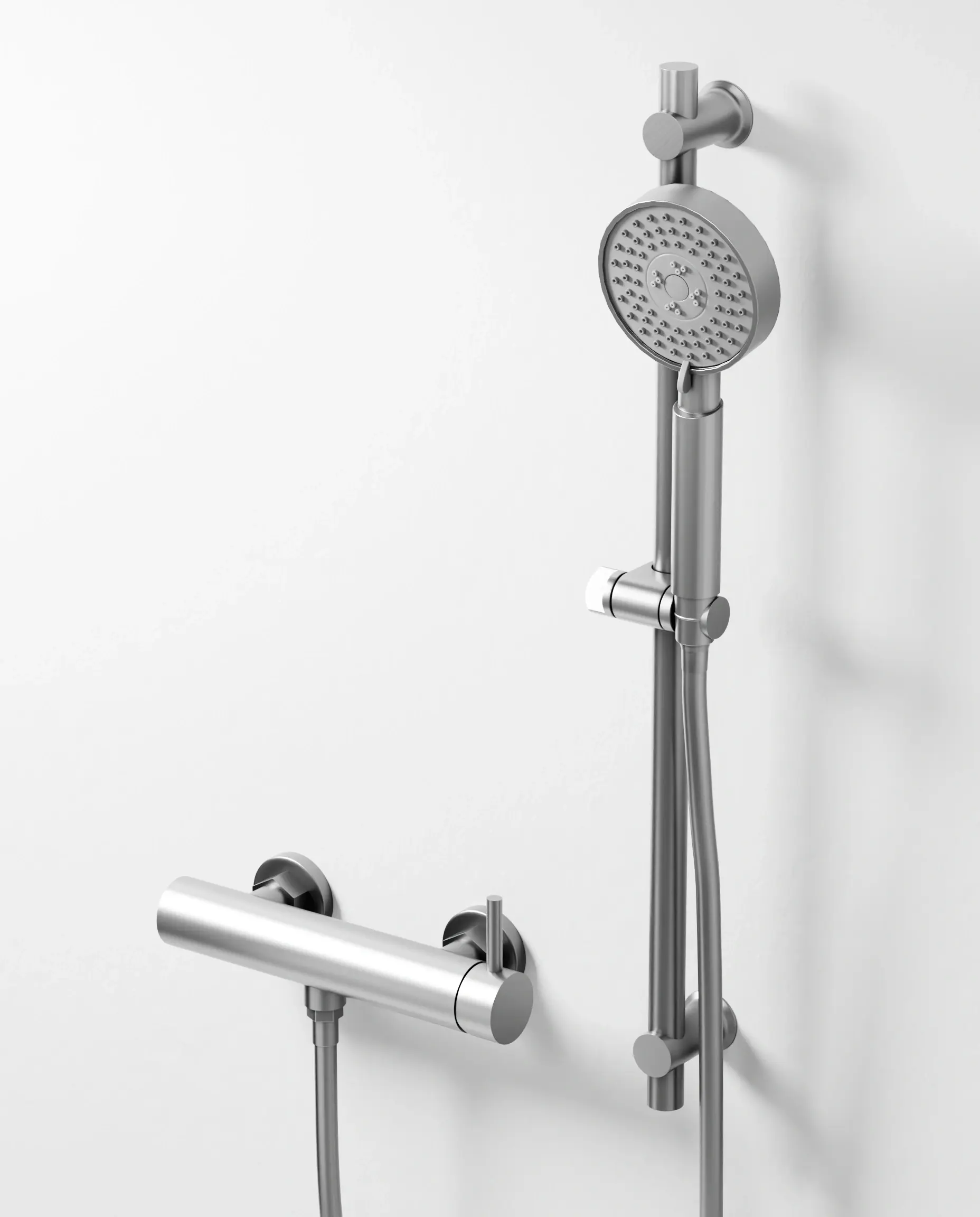 Mitigeur douche externe, barre et douchette ronde, inox brossé, Châtelet 