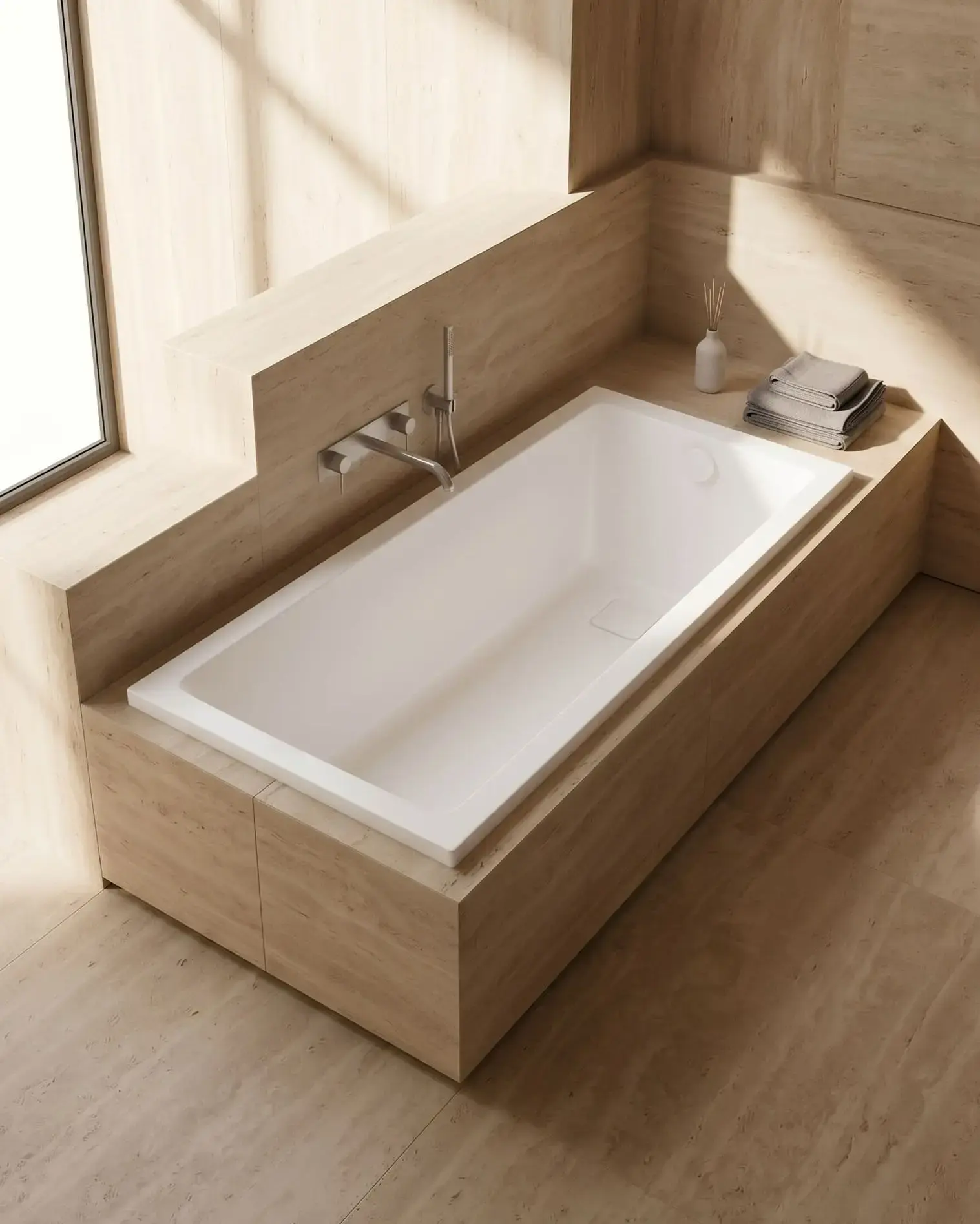 Baignoire rectangulaire encastrée en acrylique blanc brillant 130cm  Lavezzi avec robinetterie chromée et tablier de baignoire moderne.