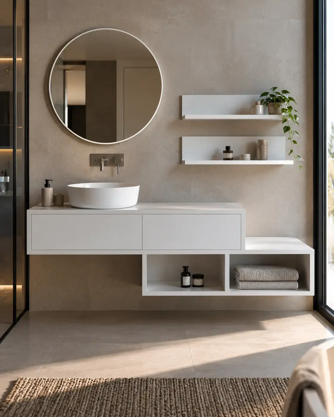 Ensemble meuble salle de bains 120 cm + caisson rangement et tablettes, Blanc, Step