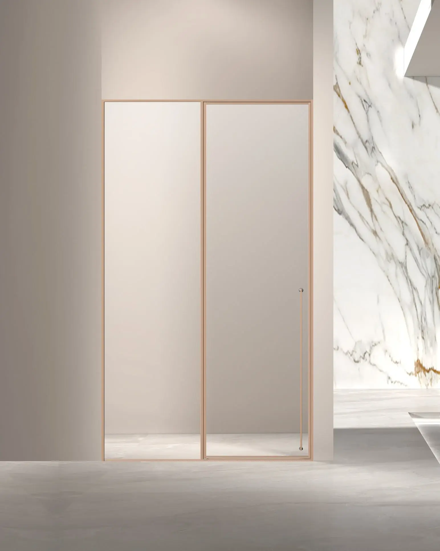 Porte de douche pivotante avec paroi fixe réversible Diane finition doré rose hauteur 220 cm