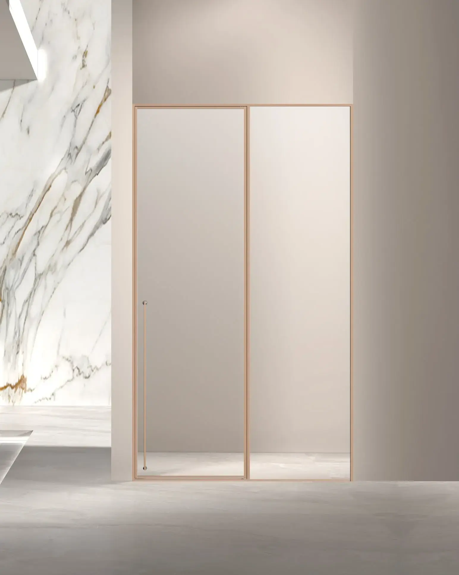 Porte de douche pivotante + fixe, réversible, de 98 à 142cm, hauteur 220cm, Doré rose, Diane 