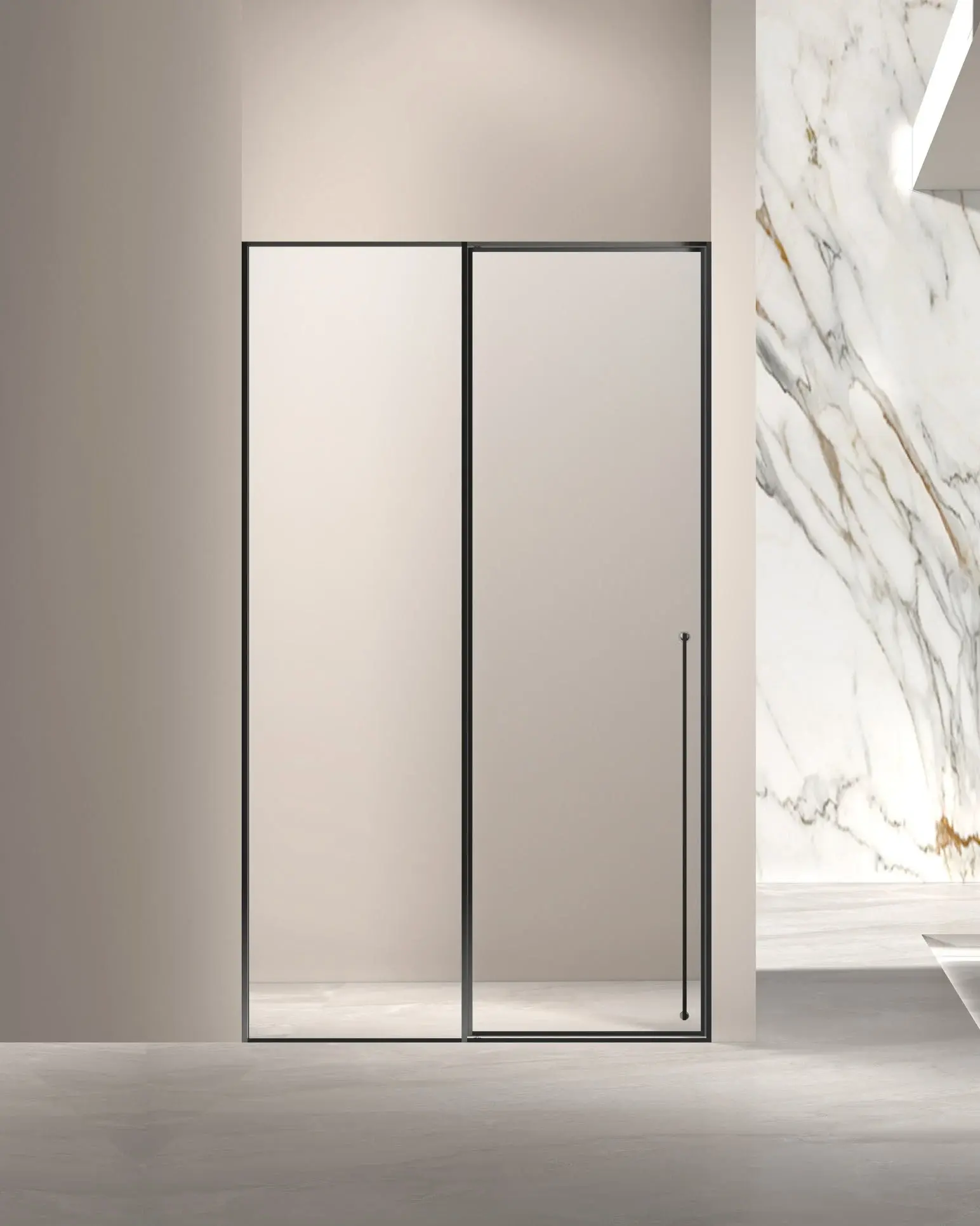 Porte de douche pivotante avec paroi fixe réversible Diane finition noir mat hauteur 220 cm