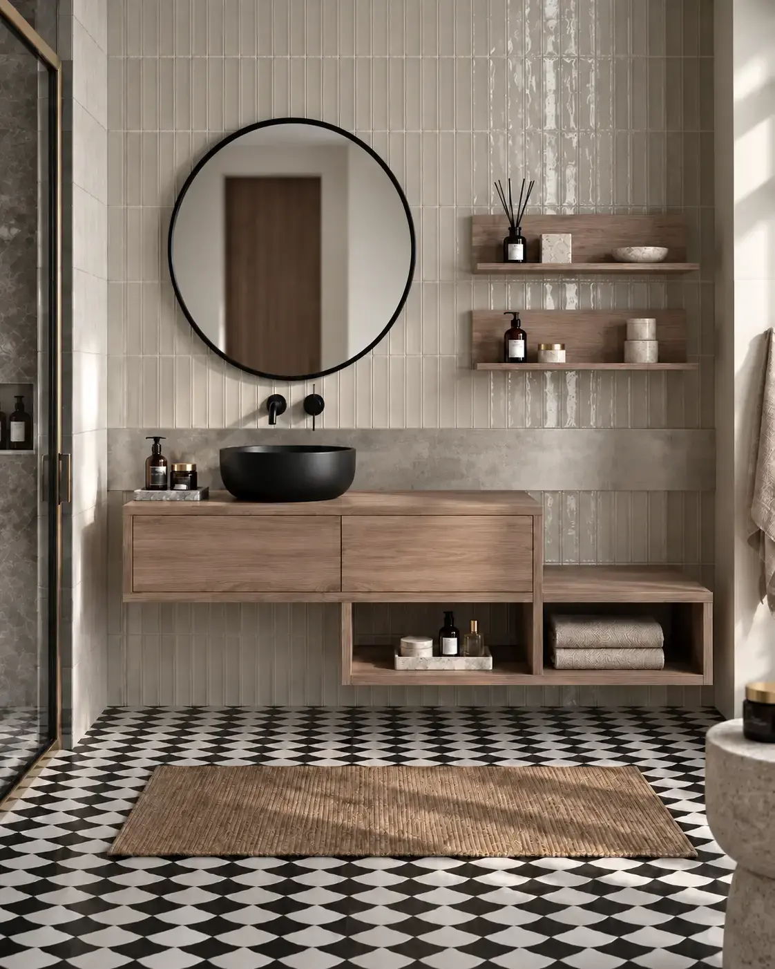 Ensemble meuble salle de bain 120 cm + caisson rangement et tablettes, Cambrian, Step