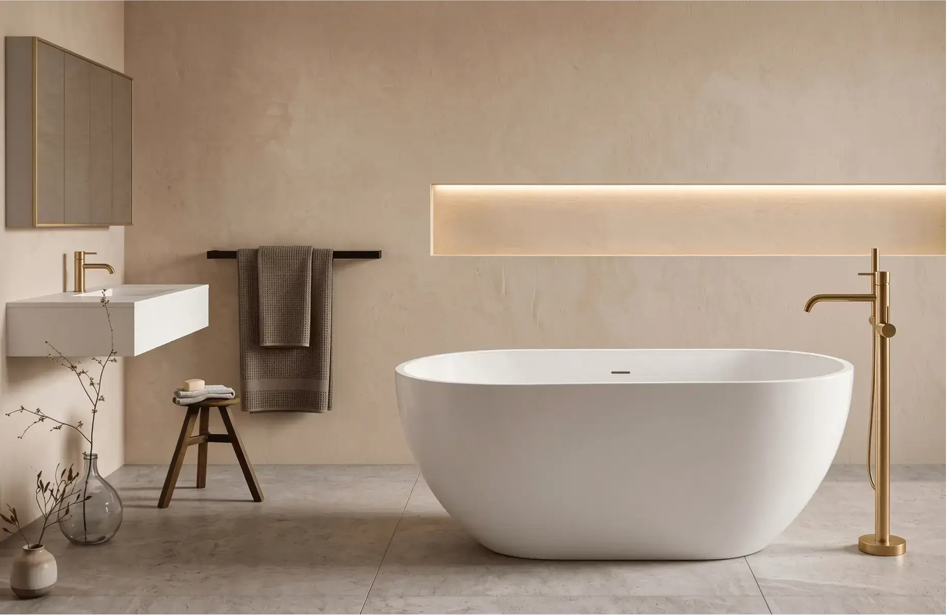 Baignoire îlot ovale blanche finition mat Calipso posée dans une salle de bain minimaliste beige avec robinetterie sur pied noire.