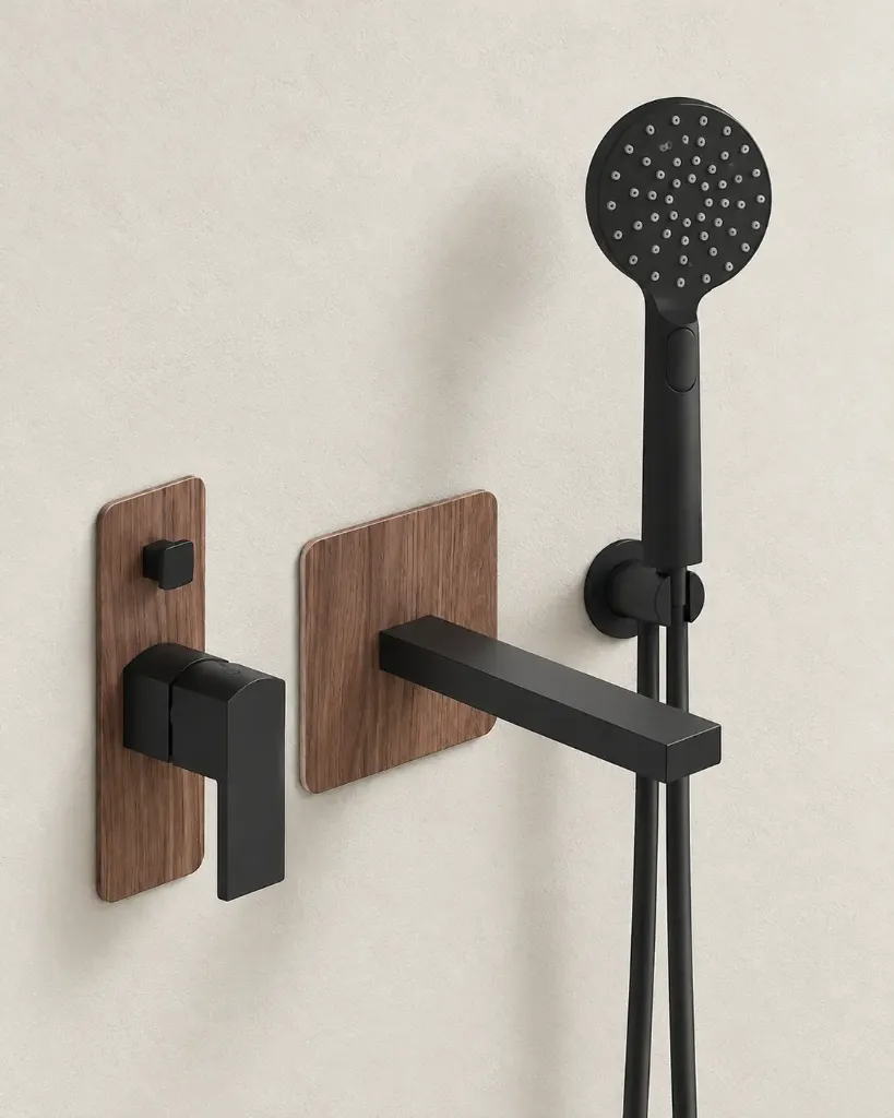 Pack mitigeur bain-douche à encastrer, noir finition aspect bois, Infinity Elements.webp