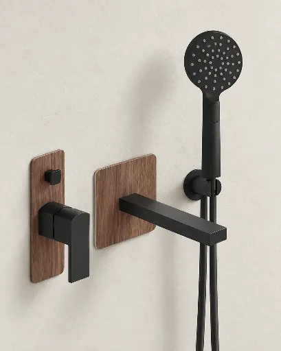 Pack mitigeur bain-douche à encastrer, noir finition aspect bois, Infinity Elements.webp