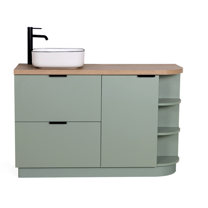 Meuble à poser 120 cm, vert arcilla et bois chêne Denver avec poignées noir mat, Alma