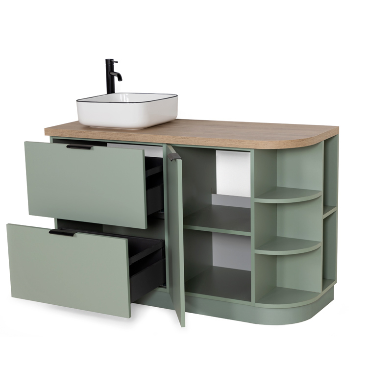 Meuble à poser 120 cm, vert arcilla et bois chêne Denver avec poignées noir mat, Alma