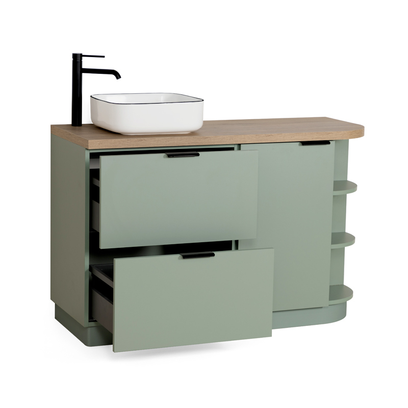 Meuble à poser 120 cm, vert arcilla et bois chêne Denver avec poignées noir mat, Alma