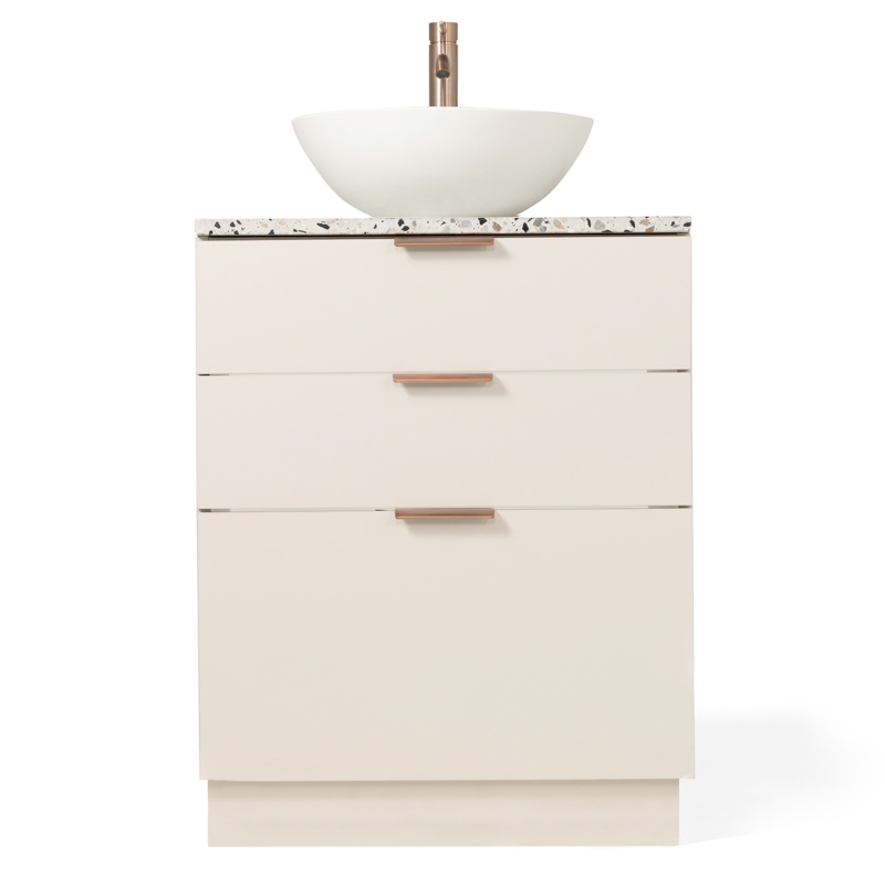 Meuble à poser 60 cm, biscuit avec poignées doré rose brossé et plan terrazzo, Alma
