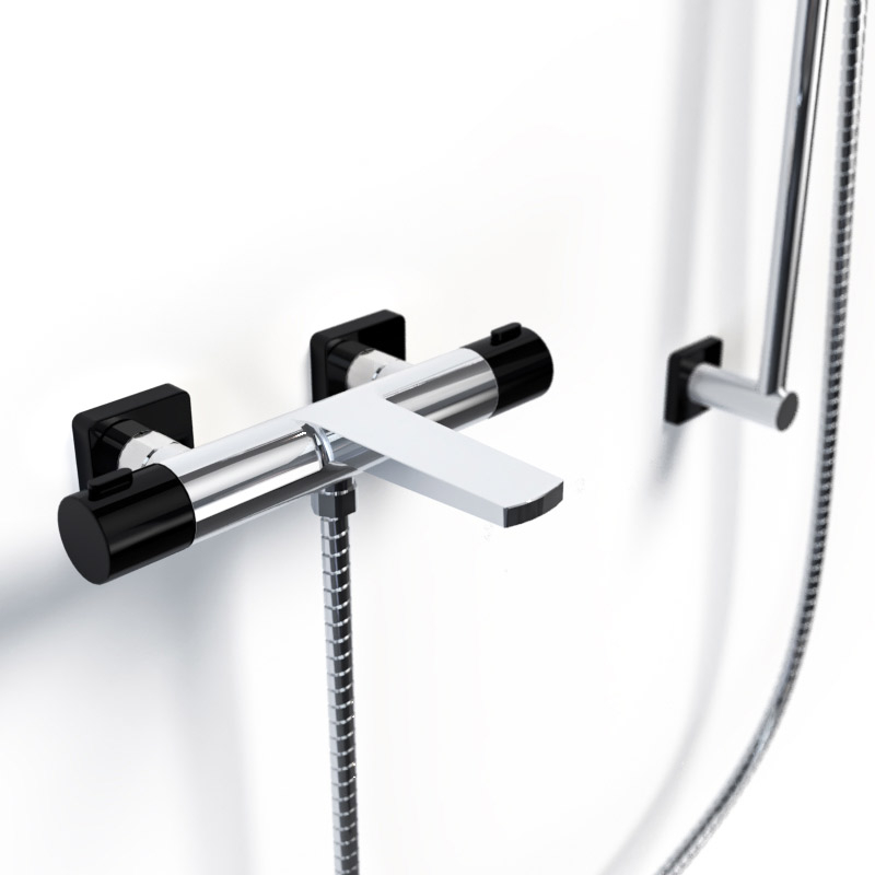 Alma, Mitigeur thermostatique bain-douche mural complet, noir mat chrome