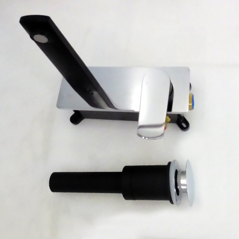 Robinet mitigeur lavabo mural, chromé et noir mat + bonde, Alma
