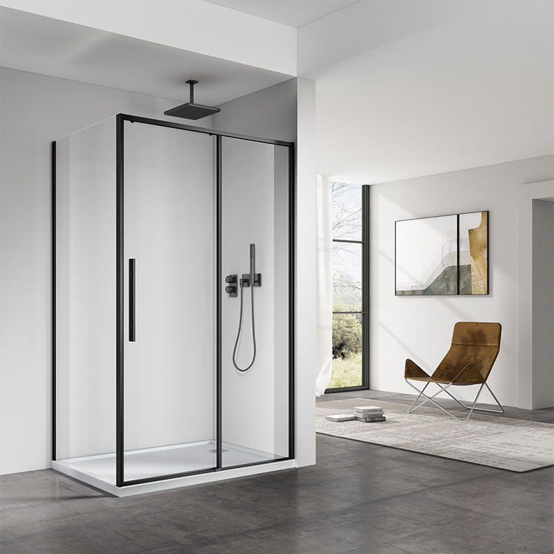 Cabine de douche, retour fixe de 100cm et porte de 100,120 ou 140, noir mat, Arena
