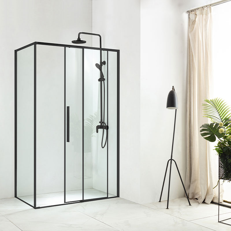 Cabine de douche coulissante, retour fixe 70cm, porte 100,120 ou 140, noir mat, Arena