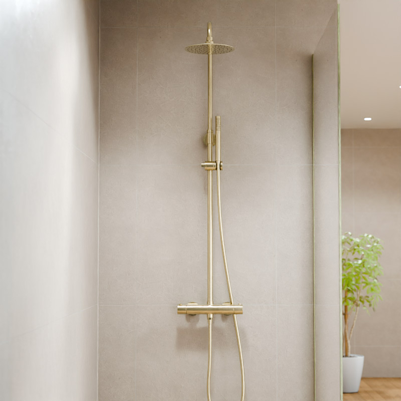 Colonne de douche avec mitigeur thermostatique, Ø25cm, doré brossé, Châtelet