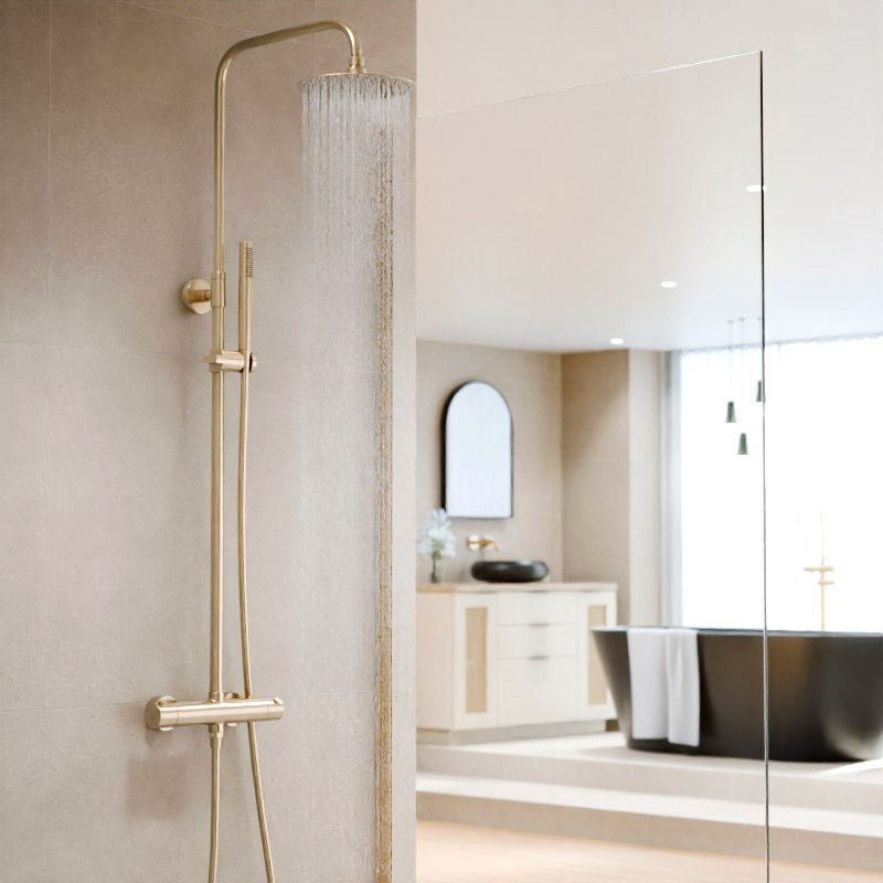 Colonne de douche avec mitigeur thermostatique, Ø25cm, doré brossé, Châtelet