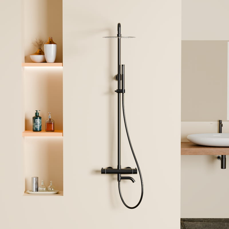 Colonne bain-douche avec mitigeur thermostatique, Ø25cm, noir bross, Châtelet III
