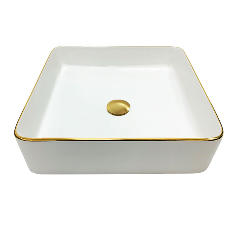 Vasque à poser 41x41 cm, en céramique, blanc et liseré doré - Chic Gold