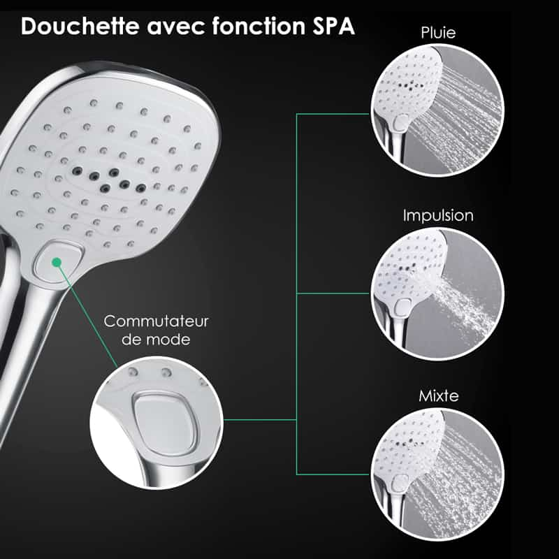 Douche thermostatique 5 voies, ciel de pluie 90x30 cm, Couleurs et musique