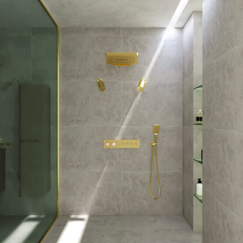 Douche thermostatique, ciel de douche carré et douches épaules, doré brossé Châtelet