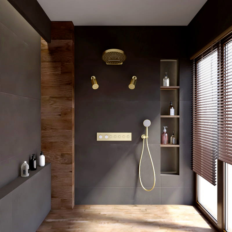 Douche thermostatique, ciel de douche ronde et douches épaules, doré brossé Châtelet