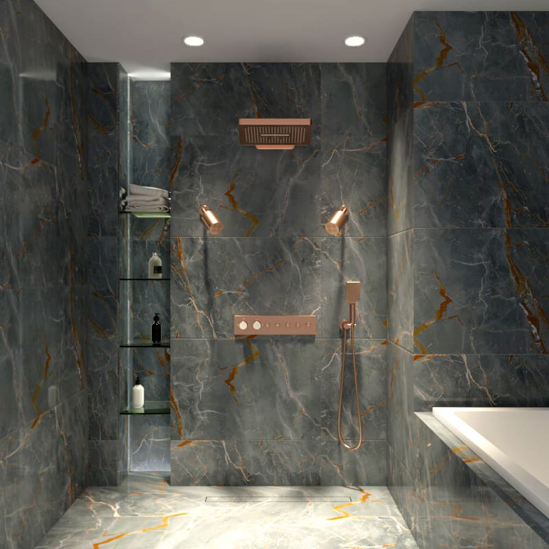 Douche thermostatique, ciel de douche carré et douches épaules, doré rose brossé Châtelet