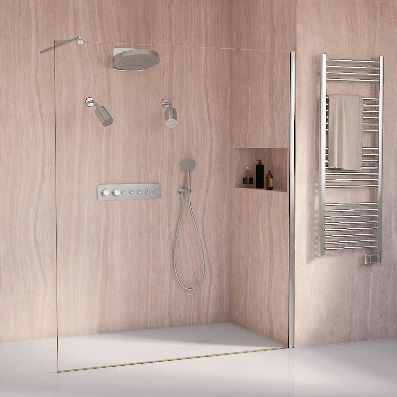 Douche thermostatique, ciel de douche rond et douches épaules, inox brossé Châtelet