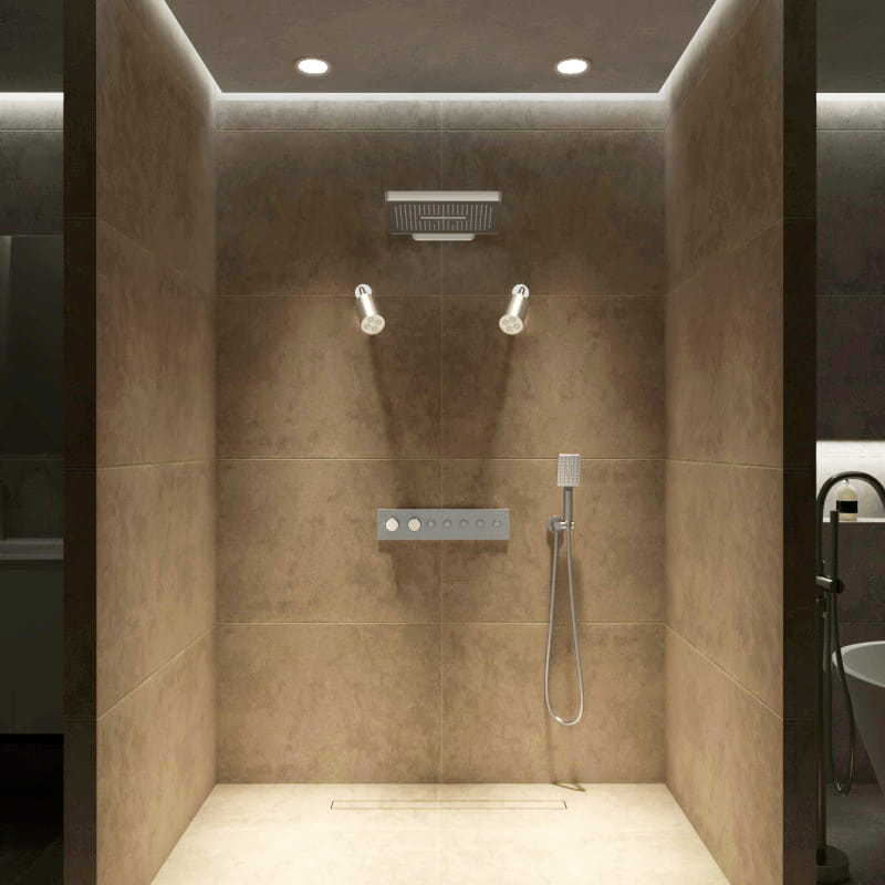 Douche thermostatique, ciel de douche carré et douches épaules, inox brossé Châtelet