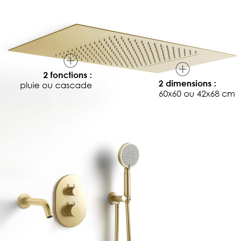 Composition bain-douche thermostatique avec ciel de pluie encastré doré brossé, Châtelet