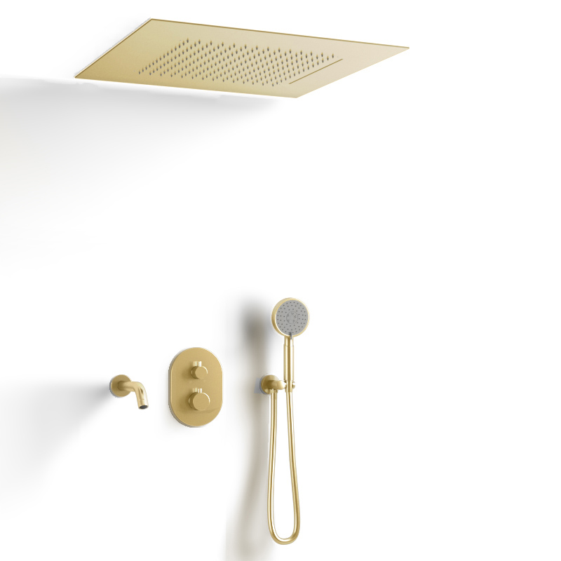 Composition bain-douche thermostatique avec ciel de pluie encastré doré brossé, Châtelet