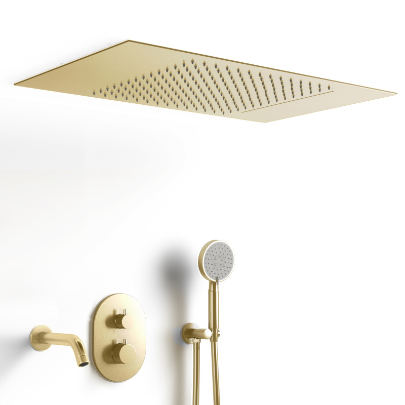 Composition bain-douche thermostatique avec ciel de pluie encastré doré brossé, Châtelet
