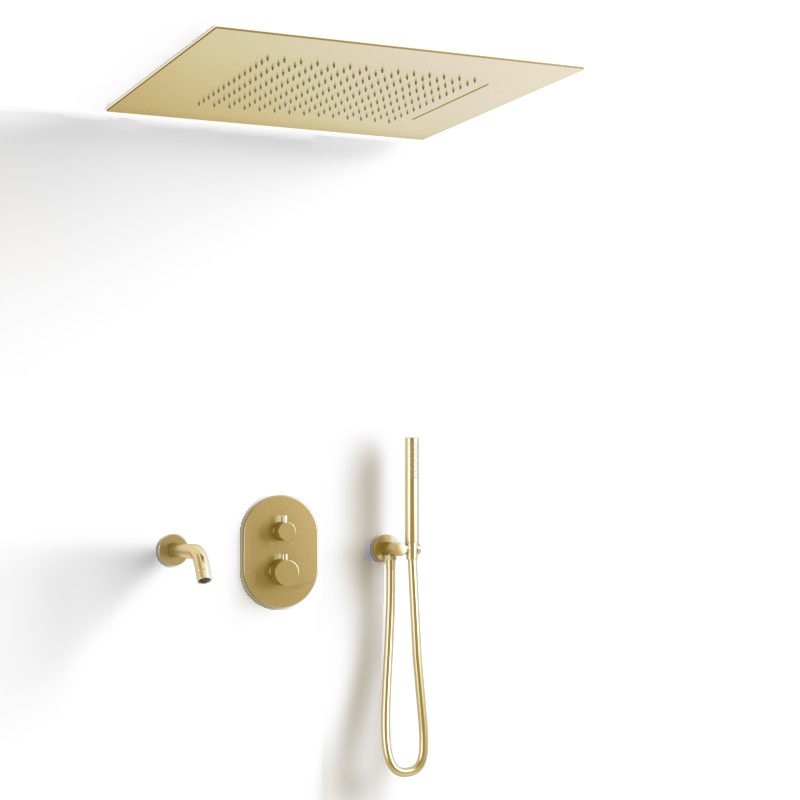 Composition bain-douche thermostatique avec ciel de pluie encastré doré brossé, Châtelet