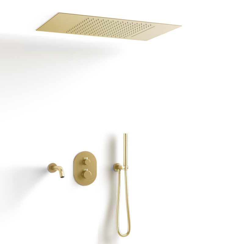 Composition bain-douche thermostatique avec ciel de pluie encastré doré brossé, Châtelet